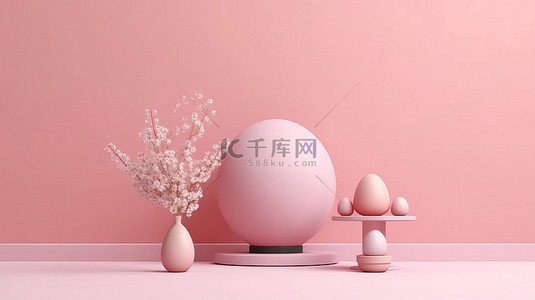 柔和的粉红色底座展示架的 3D 渲染，配有复活节礼盒鸡蛋和鲜花