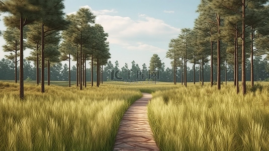 云上草原背景图片_草地上松树林中一条风景小路的 3D 渲染