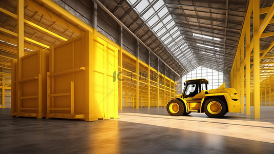 3D 渲染仓库中的黄色拖拉机和物流概念