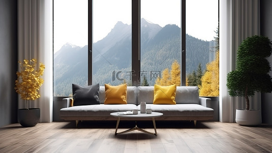 最小客厅的 3D 渲染，具有模糊的山景背景和舒适的布艺沙发