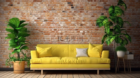 简约的内饰，带有充满活力的触感 3D 渲染，黄色沙发绿色植物和木镶木地板与空的裸露砖墙相映成趣