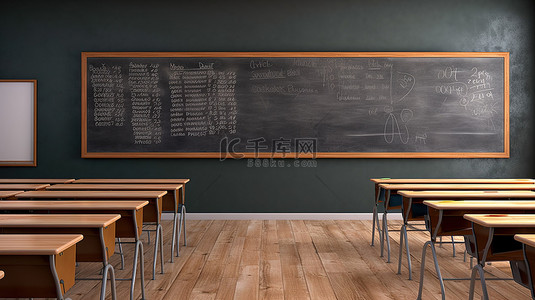黑板教室背景图片_带有空黑板的教室的 3d 渲染