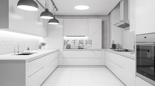 时尚豪华背景图片_时尚现代的白色厨房设计，带有 3D 渲染和吊灯