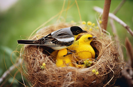 小鸟在巢里吃东西