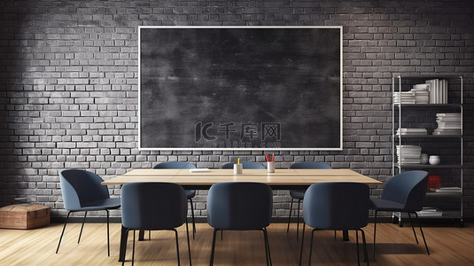 会议室的 3D 渲染，砖墙上有空白的黑板桌和椅子