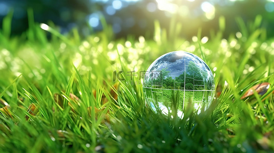 草场养护背景图片_3D 渲染玻璃地球仪在绿草场中展示环境的概念视图