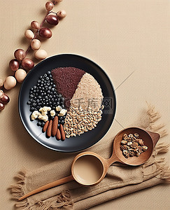 大粒核桃背景图片_盘子上的食品燕麦，配核桃和豆类