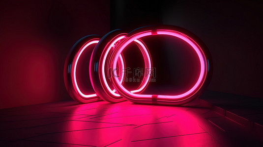双品背景图片_发光的粉红色霓虹心形隧道，带双领奖台和 3D 渲染台