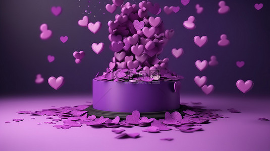 充满活力的情人节讲台，紫罗兰色和飞心五彩纸屑 3d 渲染