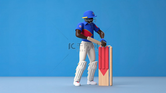 穿着锦标赛装备的纳米比亚板球队运动员在蓝色背景上以 3D 渲染呈现