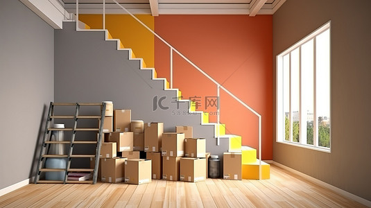 现代房屋内部半漆墙漆罐楼梯和移动箱的 3D 渲染