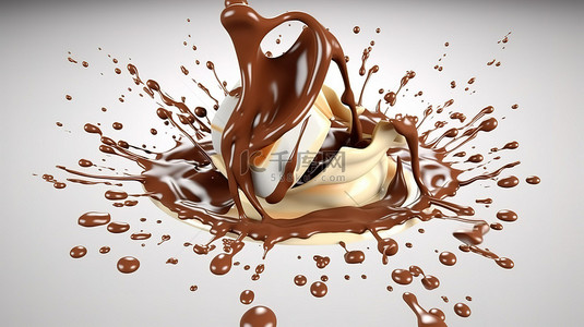 巧克力片层叠成带有牛奶奶油飞溅的巧克力酱的 3D 插图