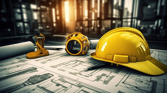 木工工具背景图片_室内建筑建筑设备蓝图工业头盔和安全手套 3D 渲染