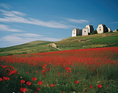 布拉宫背景图片_背景中的山丘上覆盖着一些红色的罂粟花