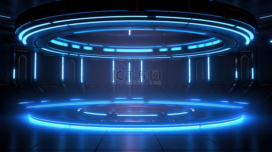 空间霓虹背景图片_未来网络室充满活力的霓虹灯圆形舞台，在 3D 渲染空间中带有激光束和深蓝色灯光