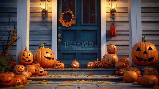 万圣南瓜屋背景图片_传统的十月假期 3D 渲染杰克灯笼南瓜骨头和屋门外的万圣节欢呼