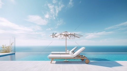 酒店高端背景图片_豪华海滨度假胜地 3D 渲染高端沙滩椅和享有壮丽海景的户外休息区