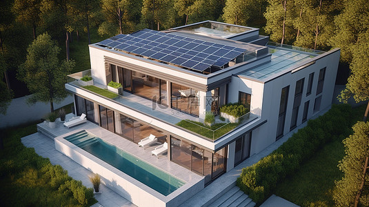 屋顶太阳能板背景图片_令人惊叹的当代别墅，配备太阳能电池板，鸟瞰 3D 渲染