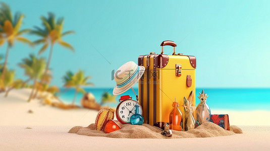 3D 渲染中充满活力的夏季场景手提箱和海滩元素