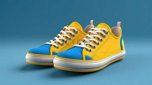 霓虹灯城市背景图片_充满活力的中性帆布运动鞋，采用蓝色和黄色 3D 渲染高鞋底