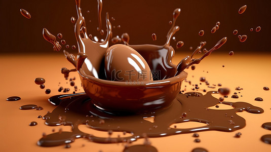 棕色背景 3D 渲染中的艺术巧克力飞溅