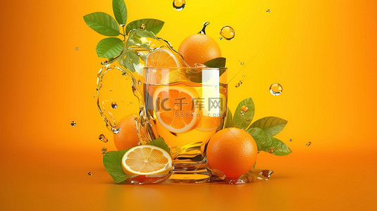 提背景图片_橙色背景 3d 渲染上带有落冰和切片的薄荷果输提清爽饮料