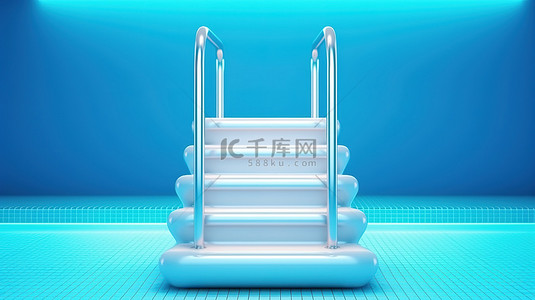 步梯扶手背景图片_充满活力的霓虹灯梯子，蓝色泳池中带有扶手，令人惊叹的 3D 渲染插图