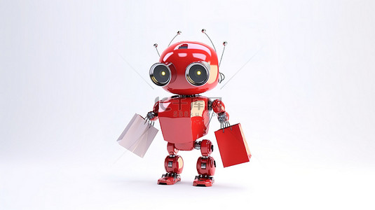 红色礼品袋背景图片_红色购物袋中的白色背景人工智能机器人 3d 渲染