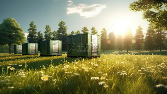 新能源电池背景图片_郁郁葱葱的草地和高耸森林的风景中太阳能集装箱单元的 3D 插图