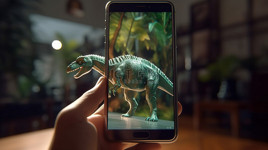 教育手机背景图片_教育中的增强现实 手机显示屏上的 3D 恐龙投影