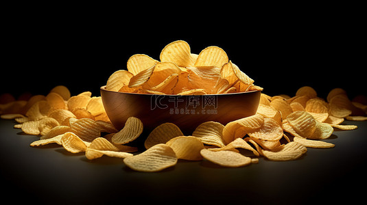 薯片包装图片背景图片_以圆形图案排列的松脆薯片的 3D 插图，非常适合黑色背景上呈现的零食快餐和薯片主题