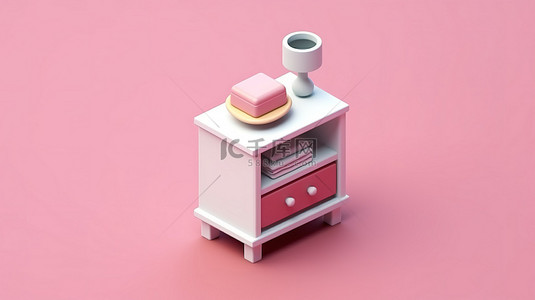 平面白色和粉色家居用品的 3D 图标，包括等距白色床头柜