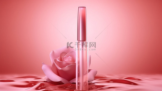 美容配饰背景图片_粉红玫瑰背景上的 3D 渲染唇彩