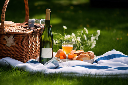 草地上的野餐篮和酒