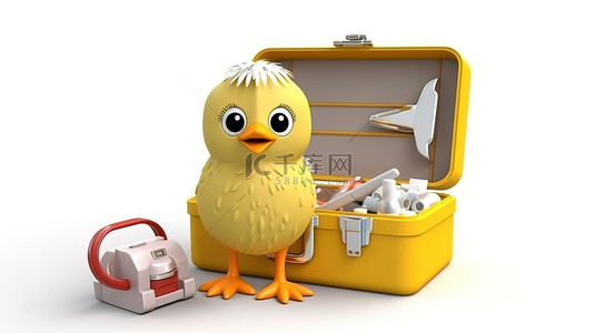 可爱的年轻医生小鸡，带听诊器和急救箱，白色 3D 渲染