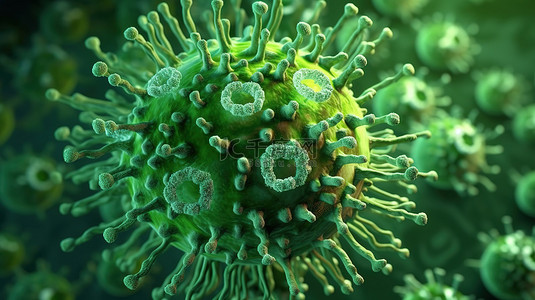 绿色细菌病毒细胞的 3D 渲染是医学和科学概念的探索
