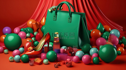 女性化妆背景图片_绿色背景上彩色 3D 球中充满活力的时尚配饰和礼品系列