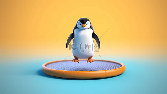 卡通弹跳背景图片_胖乎乎的企鹅在蹦床上弹跳 3d 插图