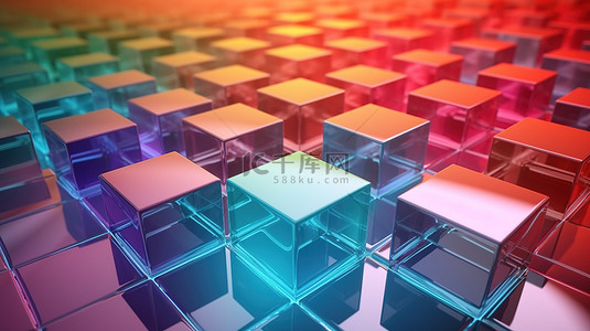 彩虹背景与 3d 透明方形立方体