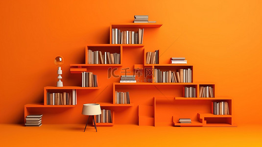 学习插图 3D 堆叠书籍在充满活力的橙色背景