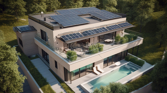 太阳能房子背景图片_令人惊叹的现代别墅与太阳能电池板在空中 3D 渲染