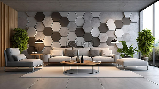 现代休息室，配有 3D 渲染的六边形灰色瓷砖墙