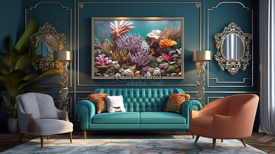 豪华座椅背景图片_客厅墙壁上传统的豪华座椅布置，配有艺术品和水族馆 3D 渲染