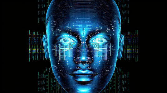 头部全息图背景图片_未来派 3D 渲染的半机械人，面部和头部使用韩元货币