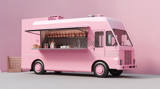 粉红色车背景图片_站立板装饰 3D 渲染的粉红色食品卡车概念