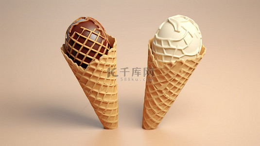 美味冰激凌背景图片_华夫饼锥中软冰淇淋的 3D 插图，具有美味的巧克力和香草口味混合