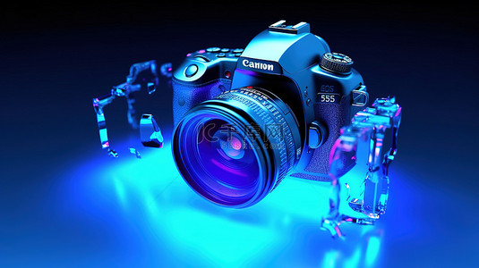 蓝色镜片背景图片_3D 渲染的蓝色霓虹灯中破碎的相机