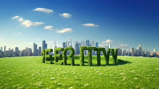 城市草地背景图片_3D 渲染的城市形状标志在新鲜的春天草地上，天蓝色背景，生态友好的城市概念