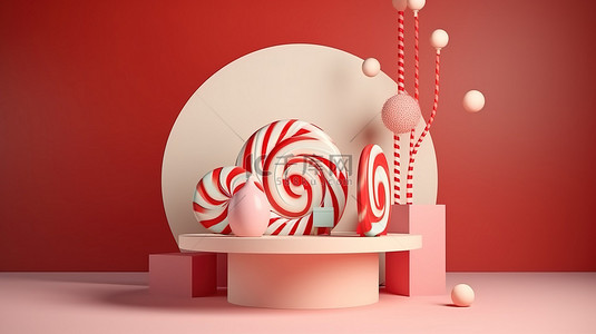 金色圣诞礼物背景图片_节日 3D 几何圆形讲台，配有圣诞礼物拐杖糖和装饰品