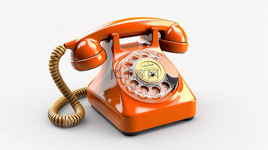 白色背景上橙色的 3D 渲染老式旋转电话